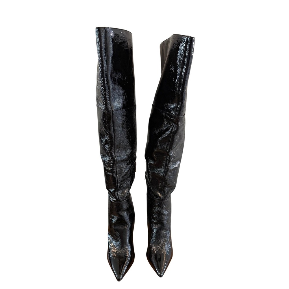 Vince Camuto Minnata Black Crinkled Patent Leather Over The Knee Boots Size 8